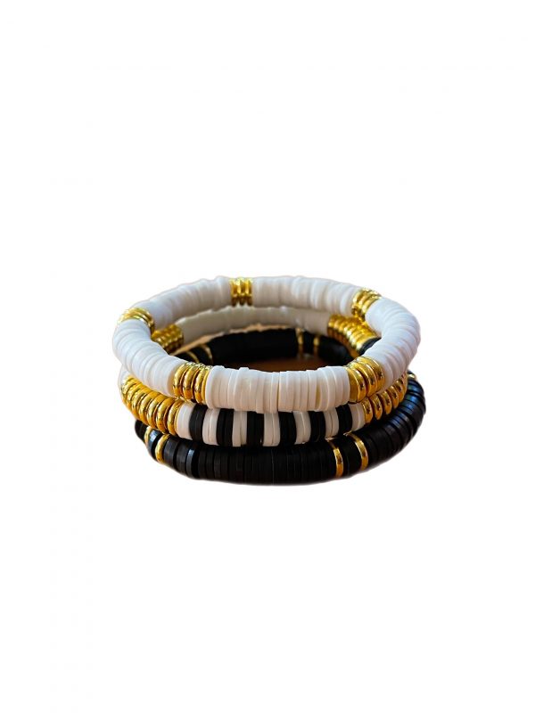 Bracelet stack of black-and-white clay Heishi and gold beads