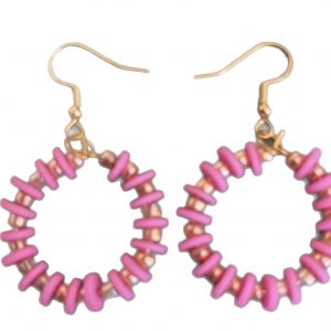 gold beaded hoop earrings with pink clay Heishi