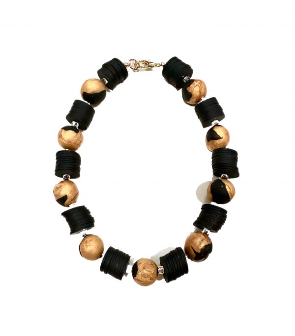 Necklace Eveyday Chunky Hand-Rolled Beaded in Black with gold