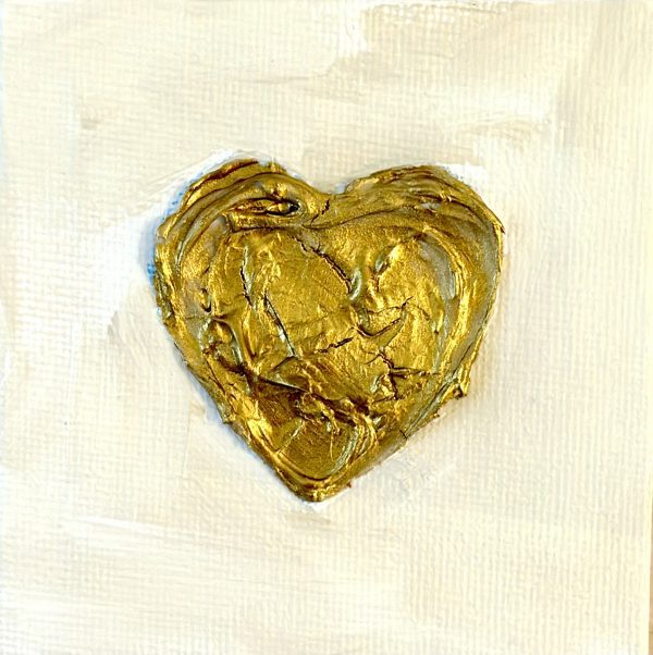 handmade heart painting gold heart on white and cream canvas