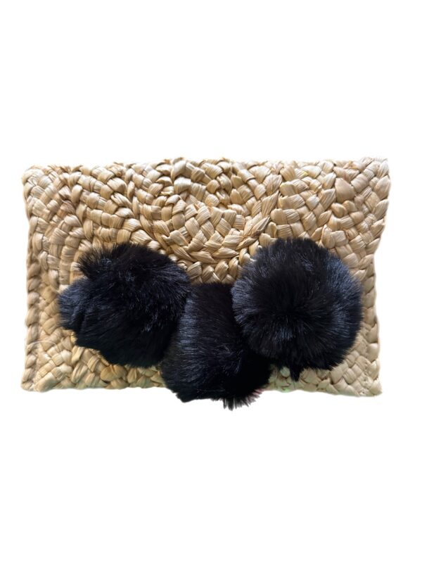 Woven Straw Clutch: Natural with Faux Fur Pom Poms - Image 2