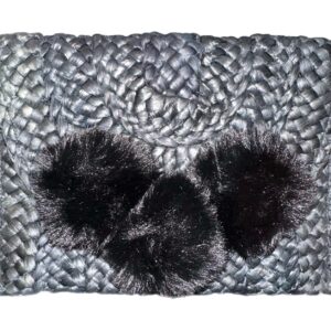 Woven Straw Black Clutch with Faux Fur Pom Poms