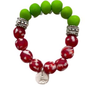 Ghana Glass and Hand-Rolled Clay Bracelet: Lime + Red