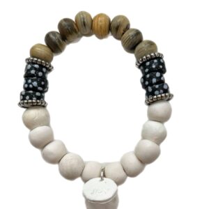 Ghana Glass and Hand-Rolled Clay Bracelet: White + Beige