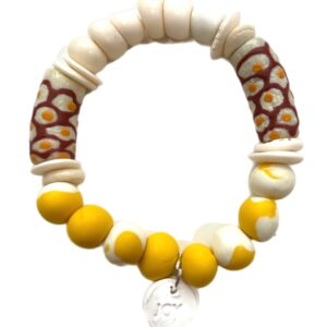 Ghana Glass and Hand-Rolled Clay Bracelet: White + Yellow